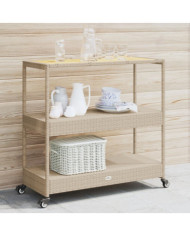 Chariot de bar 3 niveaux beige rotin et bois d'acacia massif | Mobilier & Déco