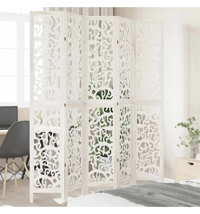 Cloison de séparation 5 panneaux blanc bois de paulownia massif | Mobilier & Déco