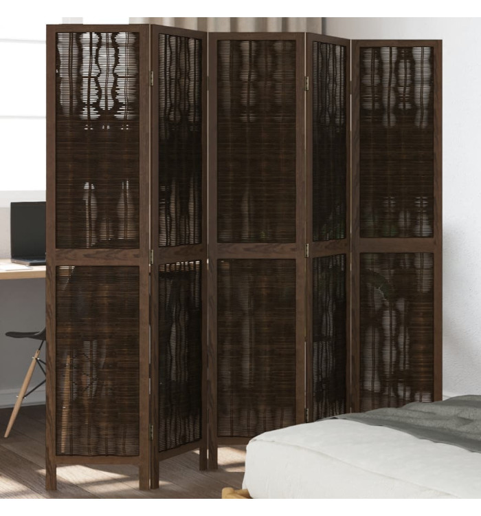 Cloison de séparation 5 panneaux marron foncé paulownia massif | Mobilier & Déco