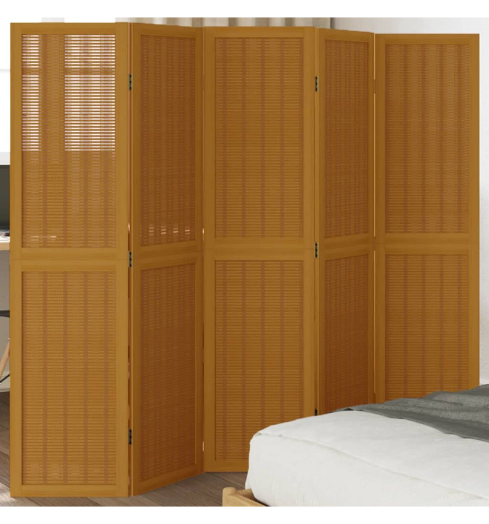 Cloison de séparation 5 panneaux marron bois paulownia massif | Mobilier & Déco