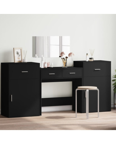 Ensemble de coiffeuse 4 pcs noir bois d'ingénierie | Mobilier & Déco