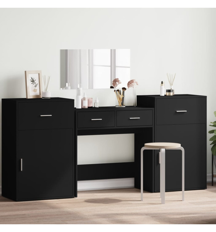 Ensemble de coiffeuse 4 pcs noir bois d'ingénierie | Mobilier & Déco