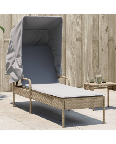 Chaise longue avec auvent beige résine tressée | Mobilier & Déco