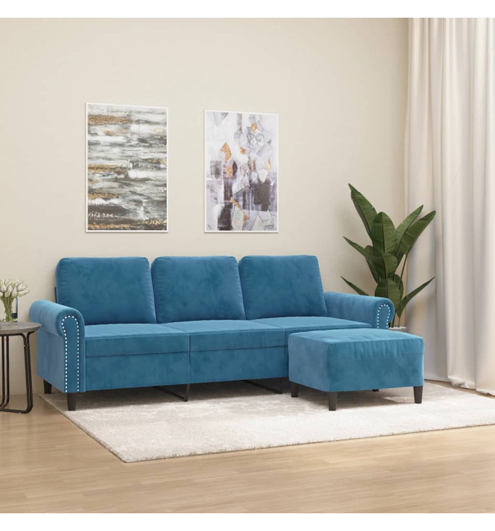 Canapé à 3 places avec repose-pieds Bleu 180 cm Velours | Mobilier & Déco
