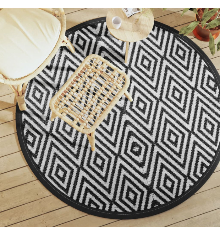 Tapis d'extérieur ARAKIL blanc et noir Ø160 cm PP | Mobilier & Déco