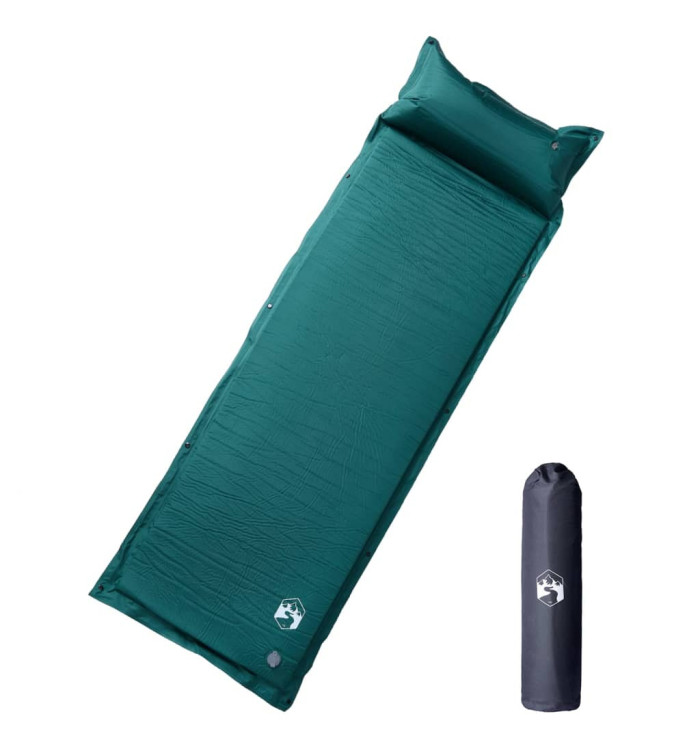 Matelas de camping autogonflant avec oreiller 1 personne vert | Mobilier & Déco