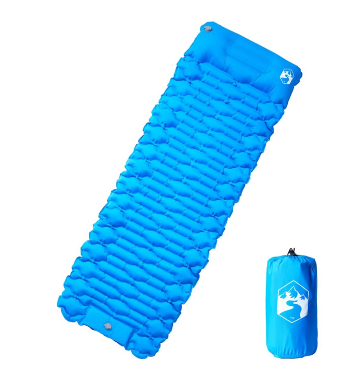 Matelas de camping autogonflant avec oreiller 1 personne bleu | Mobilier & Déco