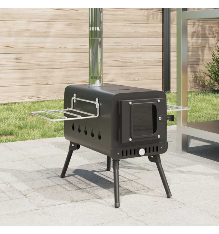 Poêle à bois de tente et cheminée et pieds pliables noir acier | Mobilier & Déco