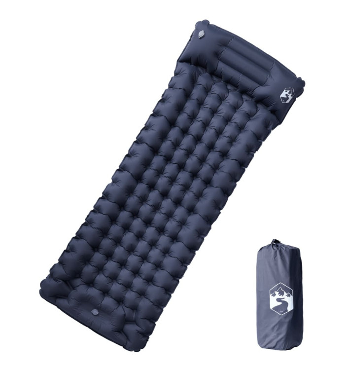 Matelas de camping autogonflant avec oreiller 1 personne gris | Mobilier & Déco