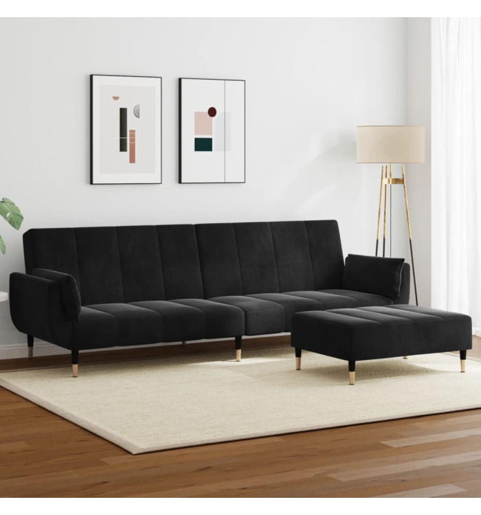 Canapé-lit à 2 places avec repose-pied noir velours | Mobilier & Déco