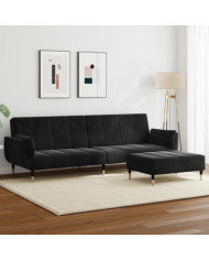 Canapé-lit à 2 places avec repose-pied noir velours | Mobilier & Déco