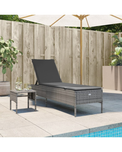 Chaise longue avec table et coussin gris résine tressée | Mobilier & Déco