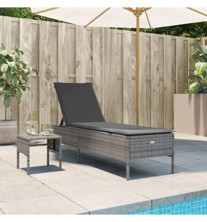 Chaise longue avec table et coussin gris résine tressée | Mobilier & Déco