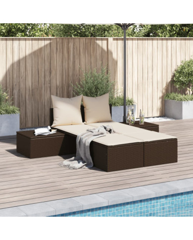 Chaise longue double avec coussins marron résine tressée | Mobilier & Déco