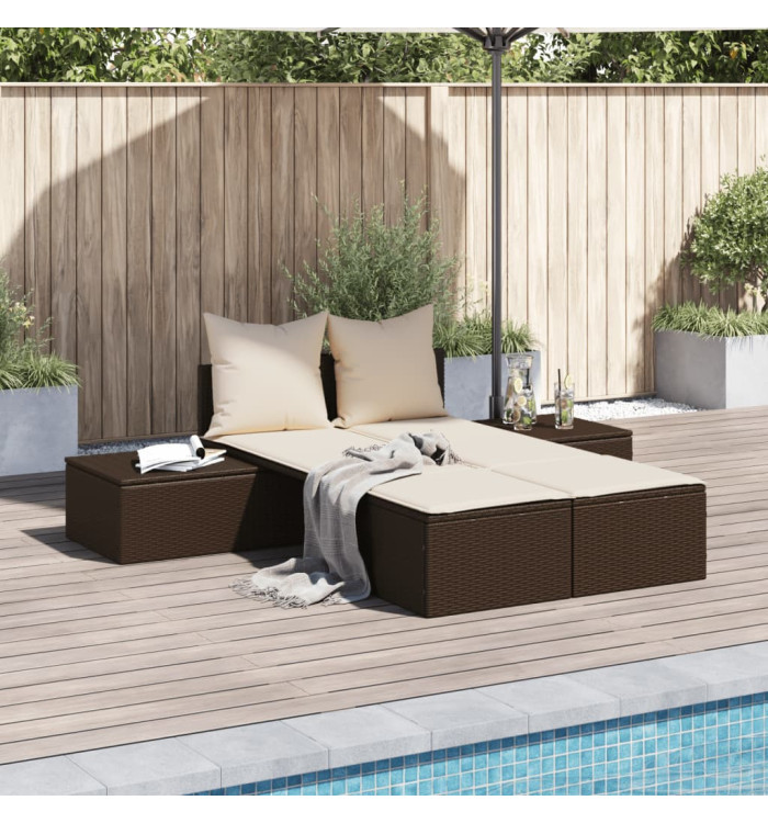 Chaise longue double avec coussins marron résine tressée | Mobilier & Déco