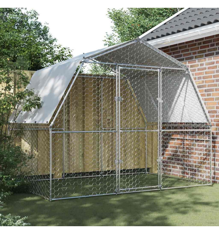 Cage à poules avec toit et porte argenté acier galvanisé | Mobilier & Déco