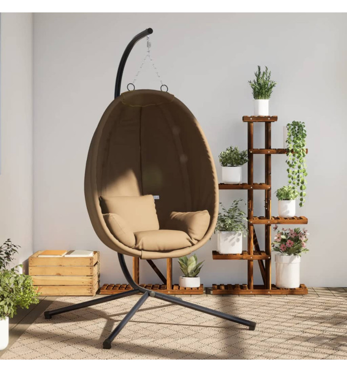 Chaise suspendue en forme d'œuf et support taupe tissu et acier | Mobilier & Déco