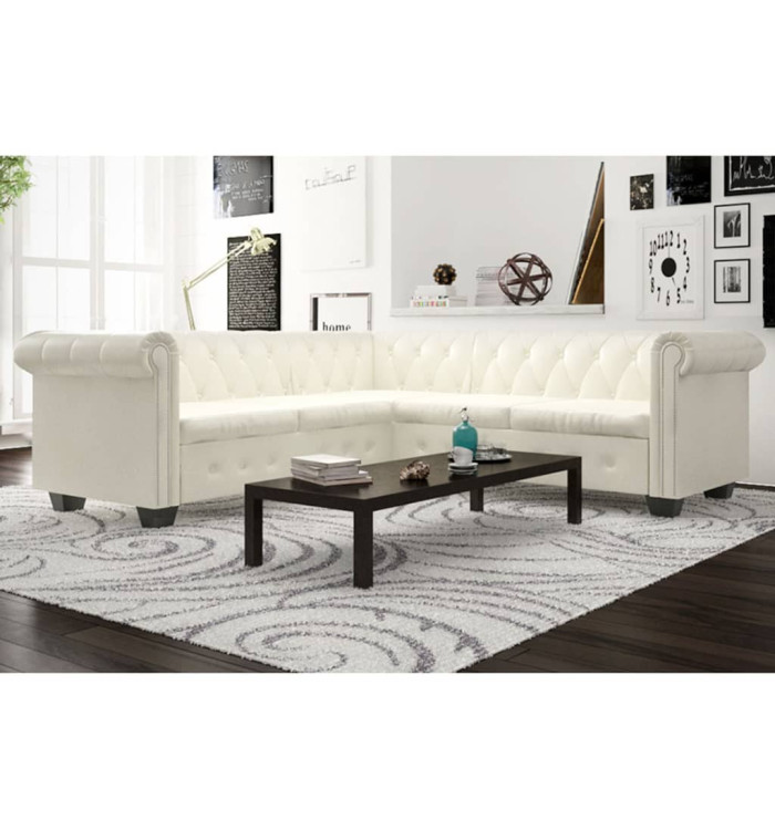 Canapé-lit d'angle Chesterfield à 5 places blanc similicuir | Mobilier & Déco