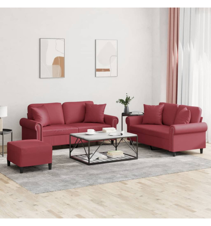 Ensemble de canapés 3 pcs et coussins rouge bordeaux similicuir | Mobilier & Déco