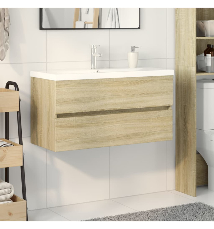 Ensemble de meubles de bain 2pcs céramique et bois d'ingénierie | Mobilier & Déco