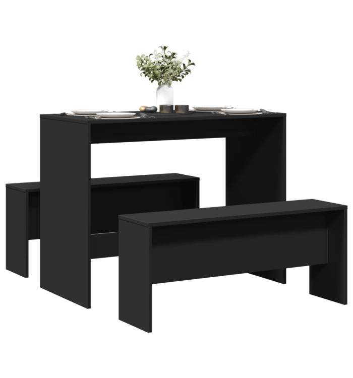Ensemble table à manger et bancs 3 pcs noir bois d'ingénierie | Mobilier & Déco