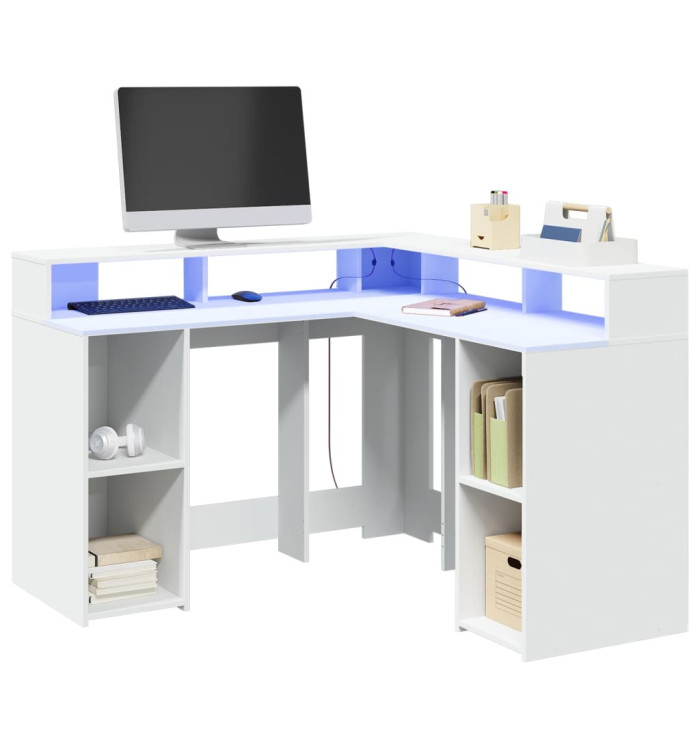 Bureau avec lumières LED blanc 130x130x91 cm bois d'ingénierie | Mobilier & Déco