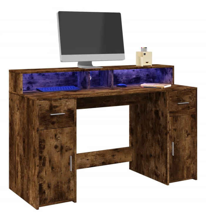 Bureau et lumières LED chêne fumé 140x55x91cm bois d'ingénierie | Mobilier & Déco