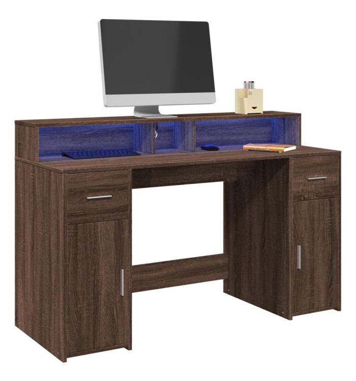 Bureau et lumières LED chêne marron bois d'ingénierie | Mobilier & Déco