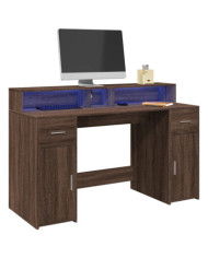 Bureau et lumières LED chêne marron bois d'ingénierie | Mobilier & Déco