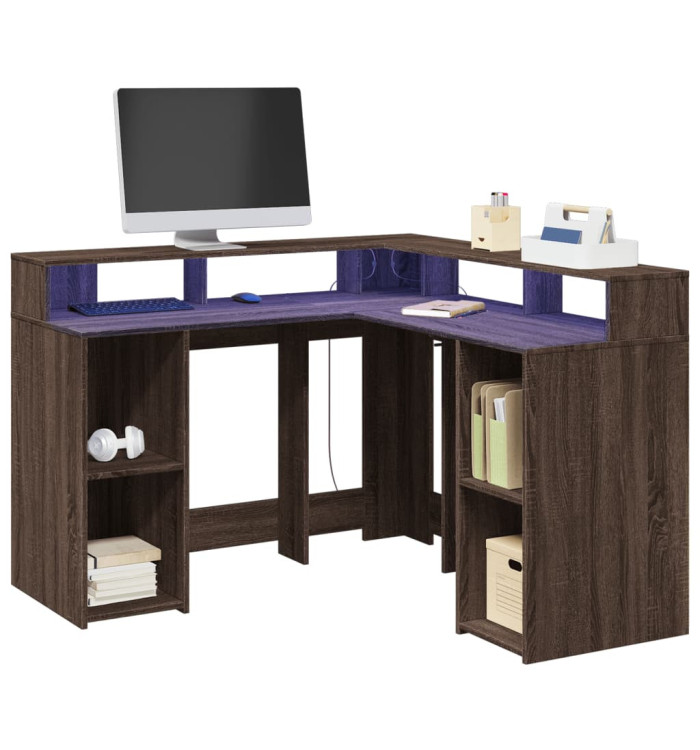 Bureau et lumières LED chêne marron bois d'ingénierie | Mobilier & Déco