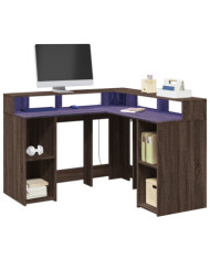 Bureau et lumières LED chêne marron bois d'ingénierie | Mobilier & Déco