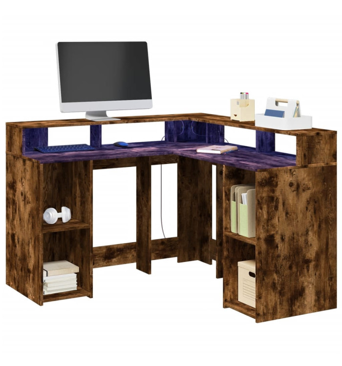 Bureau et lumières LED chêne fumé 130x130x91cm bois ingénierie | Mobilier & Déco