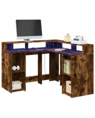 Bureau et lumières LED chêne fumé 130x130x91cm bois ingénierie | Mobilier & Déco
