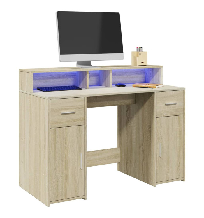 Bureau avec lumières LED chêne sonoma bois d'ingénierie | Mobilier & Déco