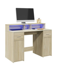 Bureau avec lumières LED chêne sonoma bois d'ingénierie | Mobilier & Déco