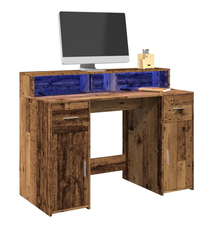 Bureau avec lumières LED vieux bois bois d'ingénierie | Mobilier & Déco