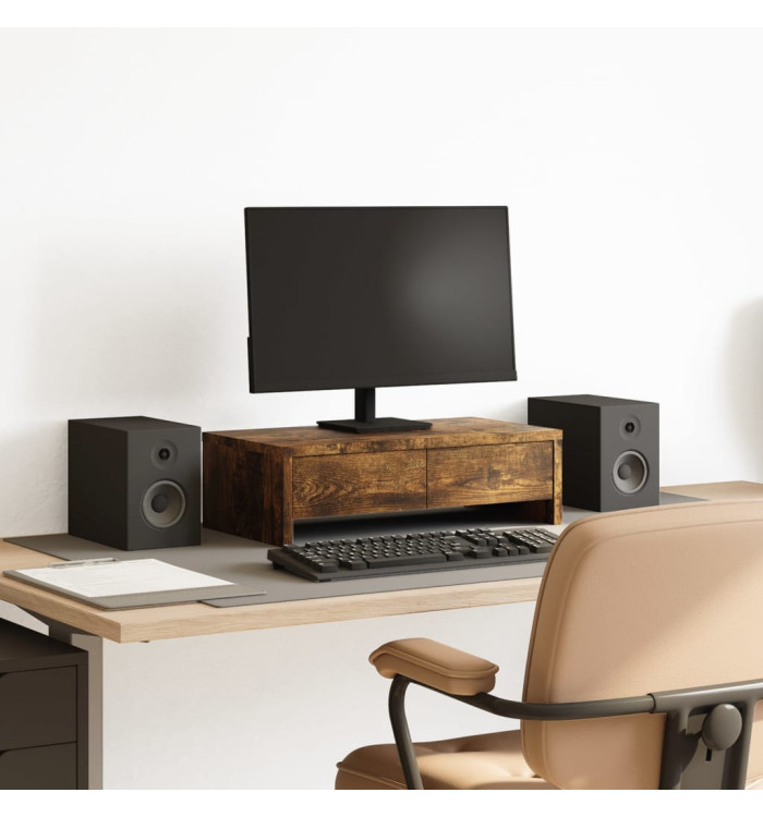 Support de moniteur avec tiroirs chêne fumé bois d'ingénierie | Mobilier & Déco