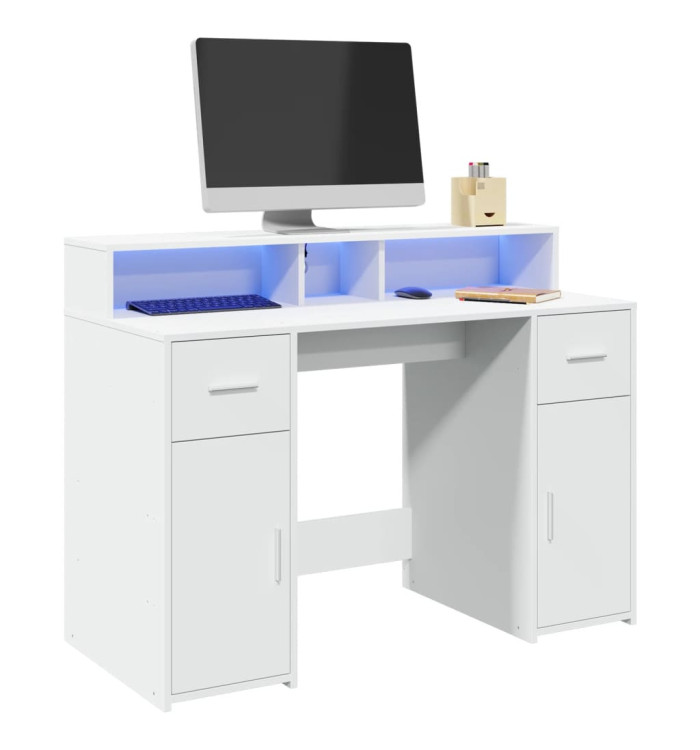 Bureau avec lumières LED blanc 120x55x91 cm bois d'ingénierie | Mobilier & Déco