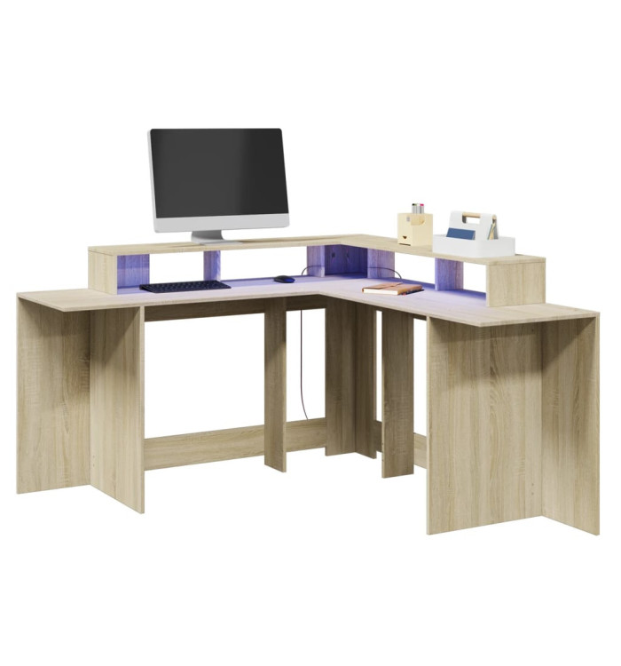 Bureau avec lumières LED chêne sonoma bois d'ingénierie | Mobilier & Déco