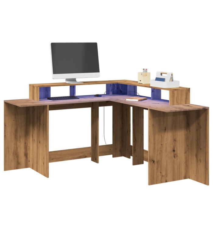 Bureau avec lumières LED chêne artisanal bois d'ingénierie | Mobilier & Déco