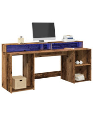 Bureau avec lumières LED vieux bois bois d'ingénierie | Mobilier & Déco