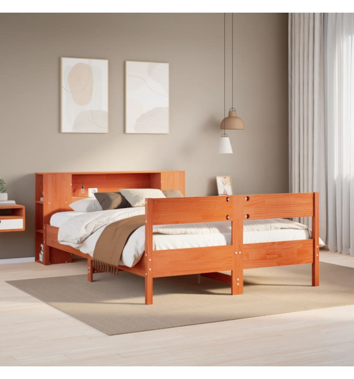 Lit bibliothèque sans matelas cire marron 135x190 cm pin massif | Mobilier & Déco