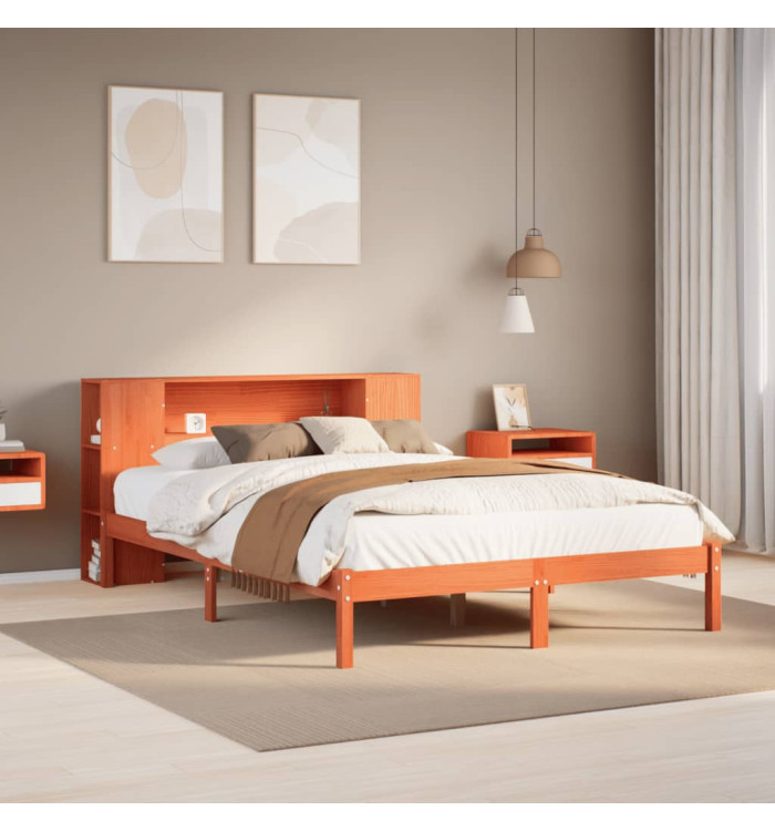 Lit bibliothèque sans matelas cire marron 135x190 cm pin massif | Mobilier & Déco