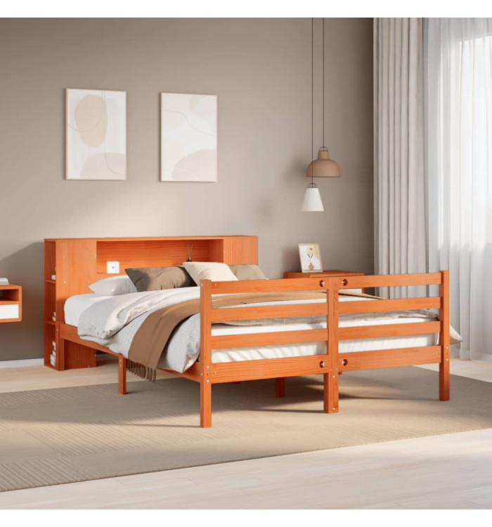Lit bibliothèque sans matelas cire marron 135x190 cm pin massif | Mobilier & Déco