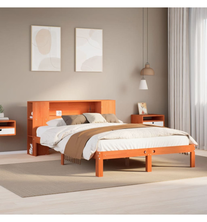 Lit bibliothèque sans matelas cire marron 120x190cm pin massif | Mobilier & Déco
