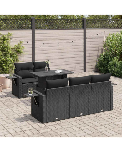 Salon de jardin 6 pcs avec coussins noir résine tressée | Mobilier & Déco