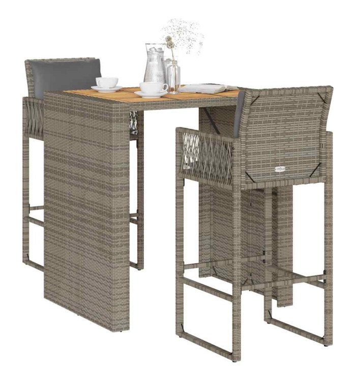 Ensemble de bar de jardin 3 pcs et coussins gris résine tressée | Mobilier & Déco