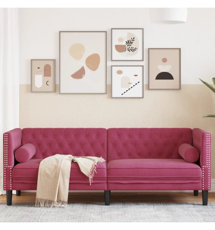 Canapé Chesterfield avec traversins 3 places velours | Mobilier & Déco