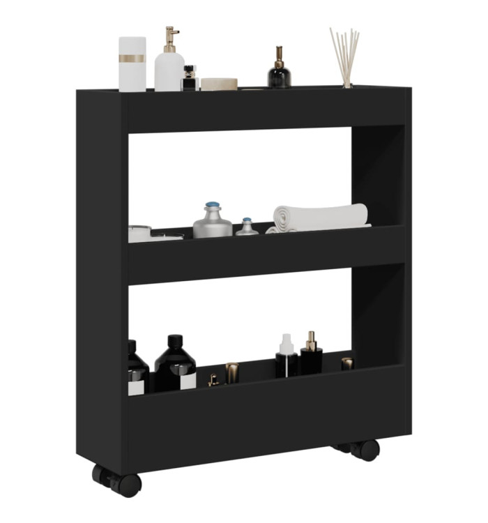 Chariot de rangement étroit 3 niveaux noir bois d'ingénierie | Mobilier & Déco