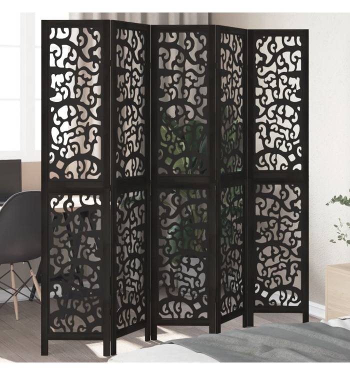 Cloison de séparation 5 panneaux noir bois de paulownia massif | Mobilier & Déco